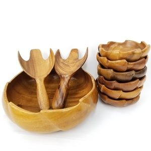 Vtg Monkey Pod Salad Serving Set Bowls + Utensils
